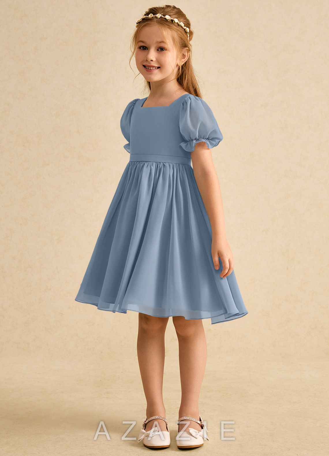 Azazie Jolie Dusty Blue A-Line with Sleeves Chiffon Dress dusty_blue