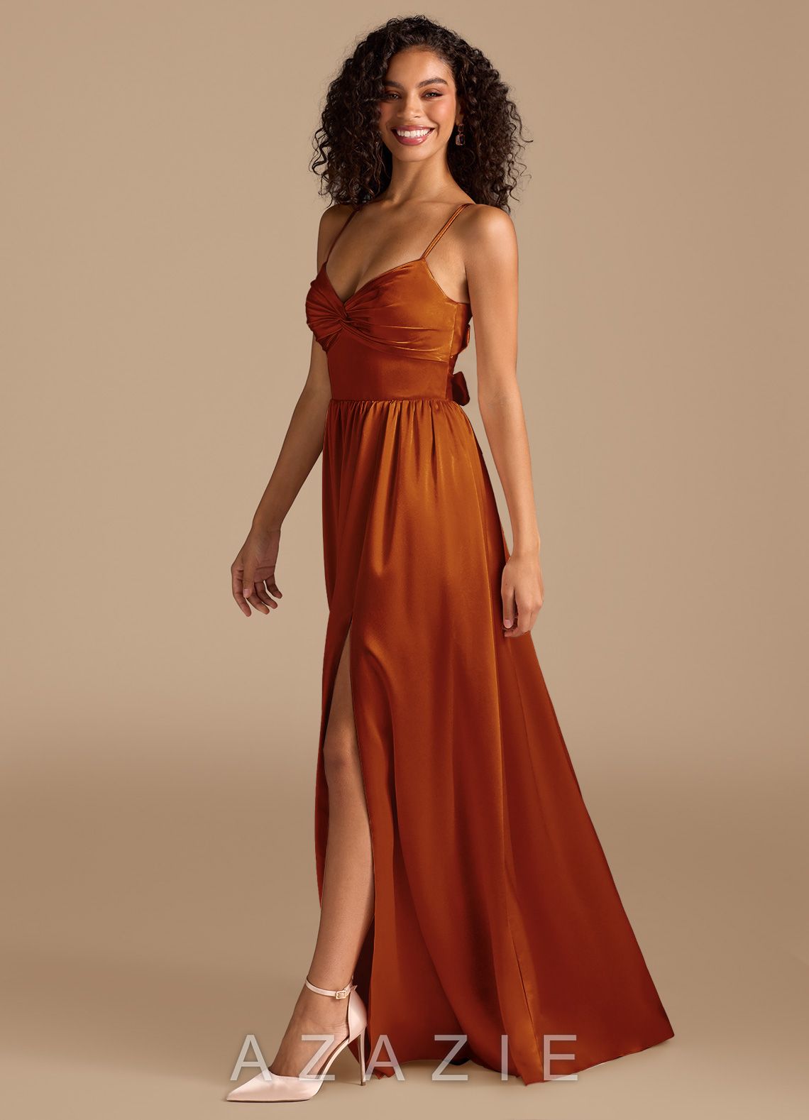Azazie Zeya Auburn A-Line Pleated Metallic Satin Dress auburn