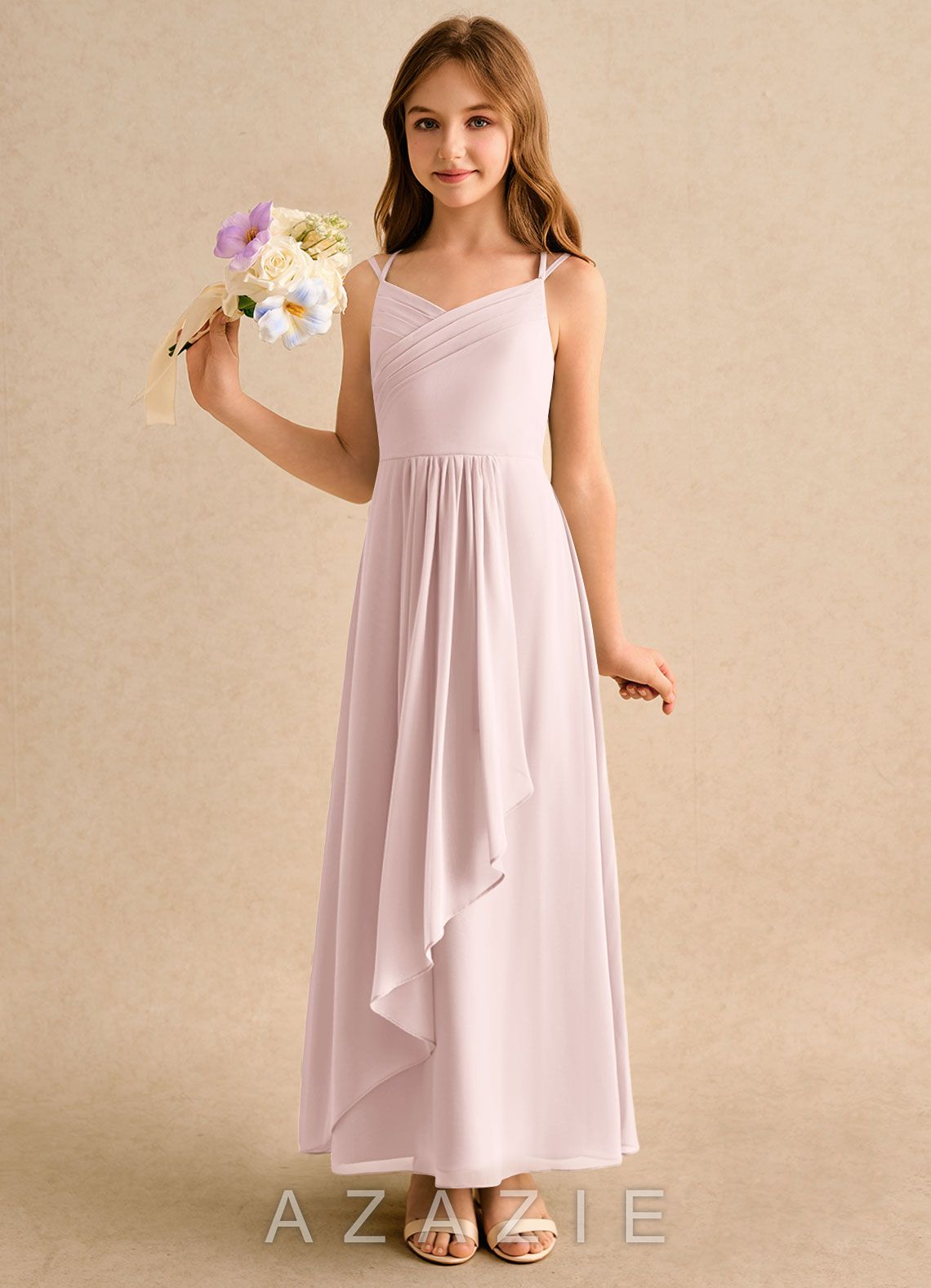 Azazie Zaida Girls Formal Blushing Pink A-Line Pleated Chiffon Dress blushing_pink