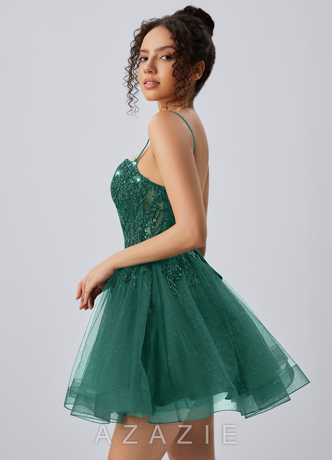 Odette Dark Green Spaghetti Strap Sequin Tulle Lace-Up Skater Mini Dress