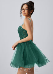Odette Dark Green Spaghetti Strap Sequin Tulle Lace-Up Skater Mini Dress
