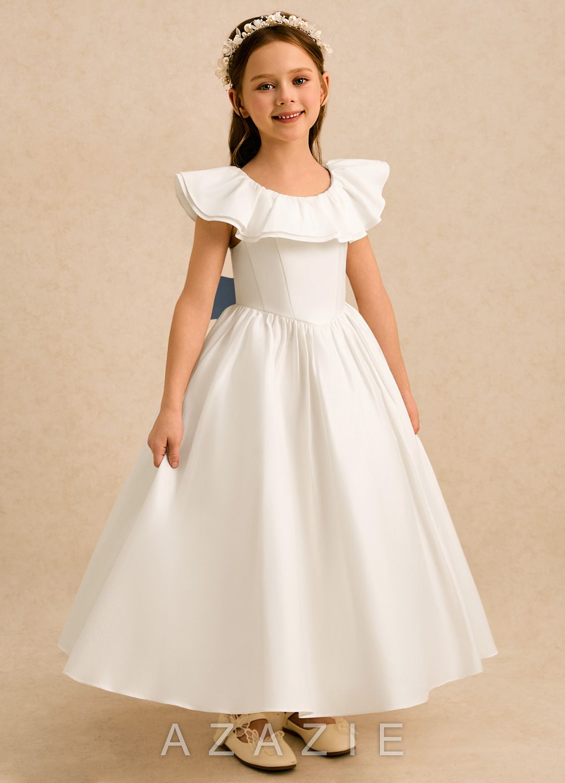 Azazie Clara Ivory Dusty Blue A-Line Bow Cotton Dress ivory/dusty_blue