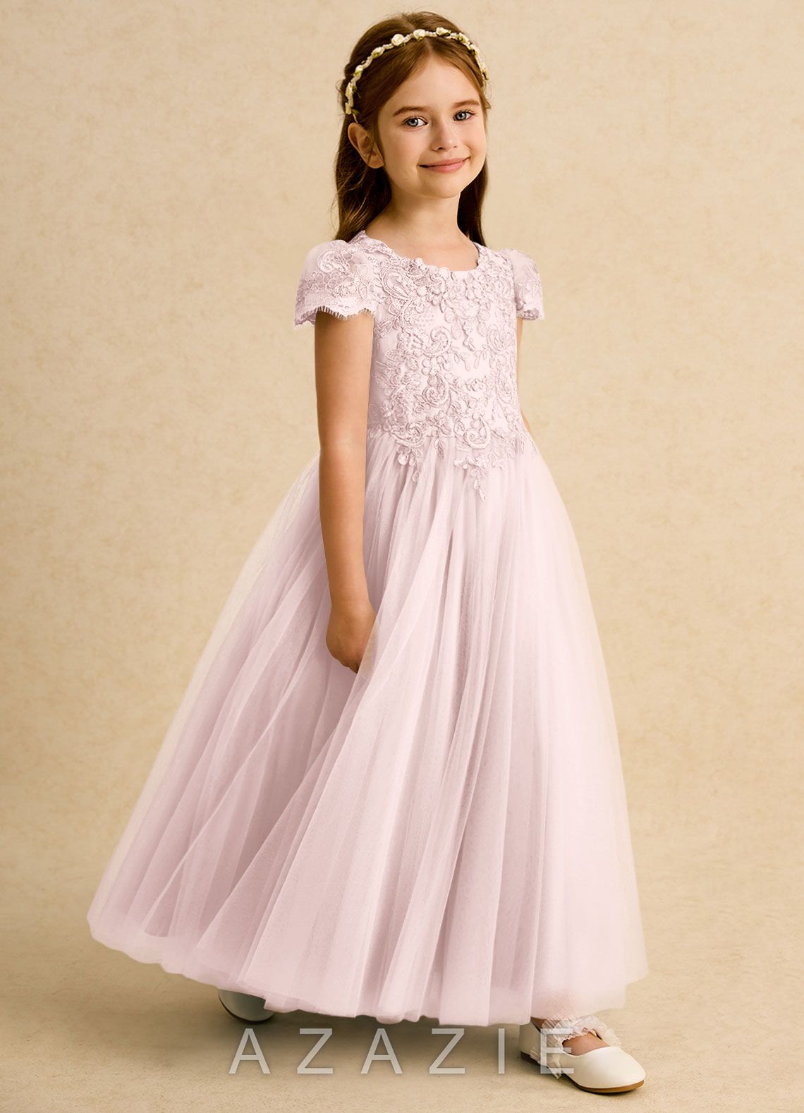 Azazie Puff Blushing Pink Ball-Gown Lace Tulle Dress blushing_pink