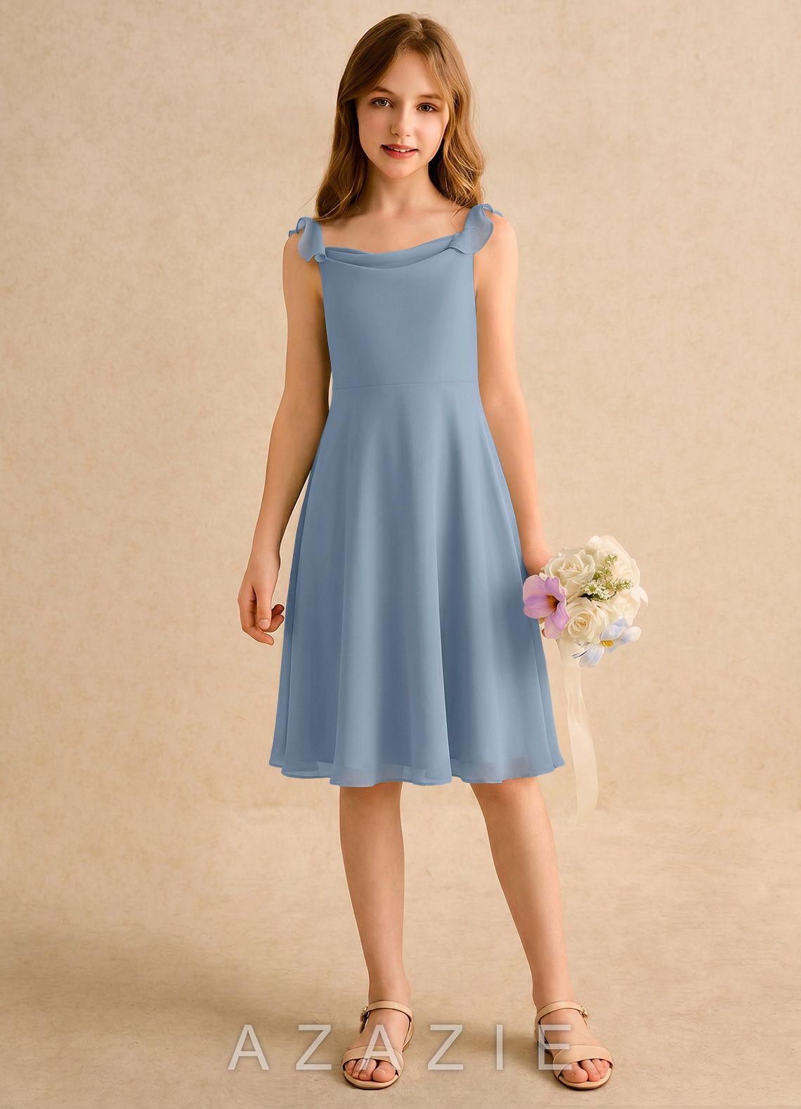 Azazie Pup Girls Formal Dusty Blue A-Line Pleated Chiffon Dress dusty_blue