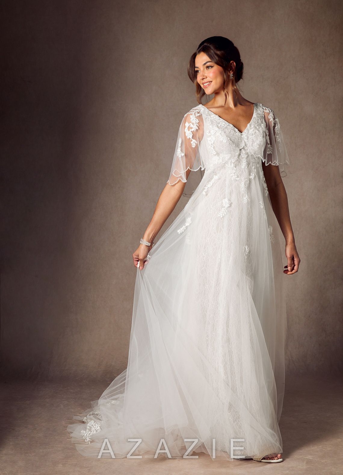 Azazie Renesmee Wedding Dress Diamond White A-Line Sequins Tulle Dress diamond_white