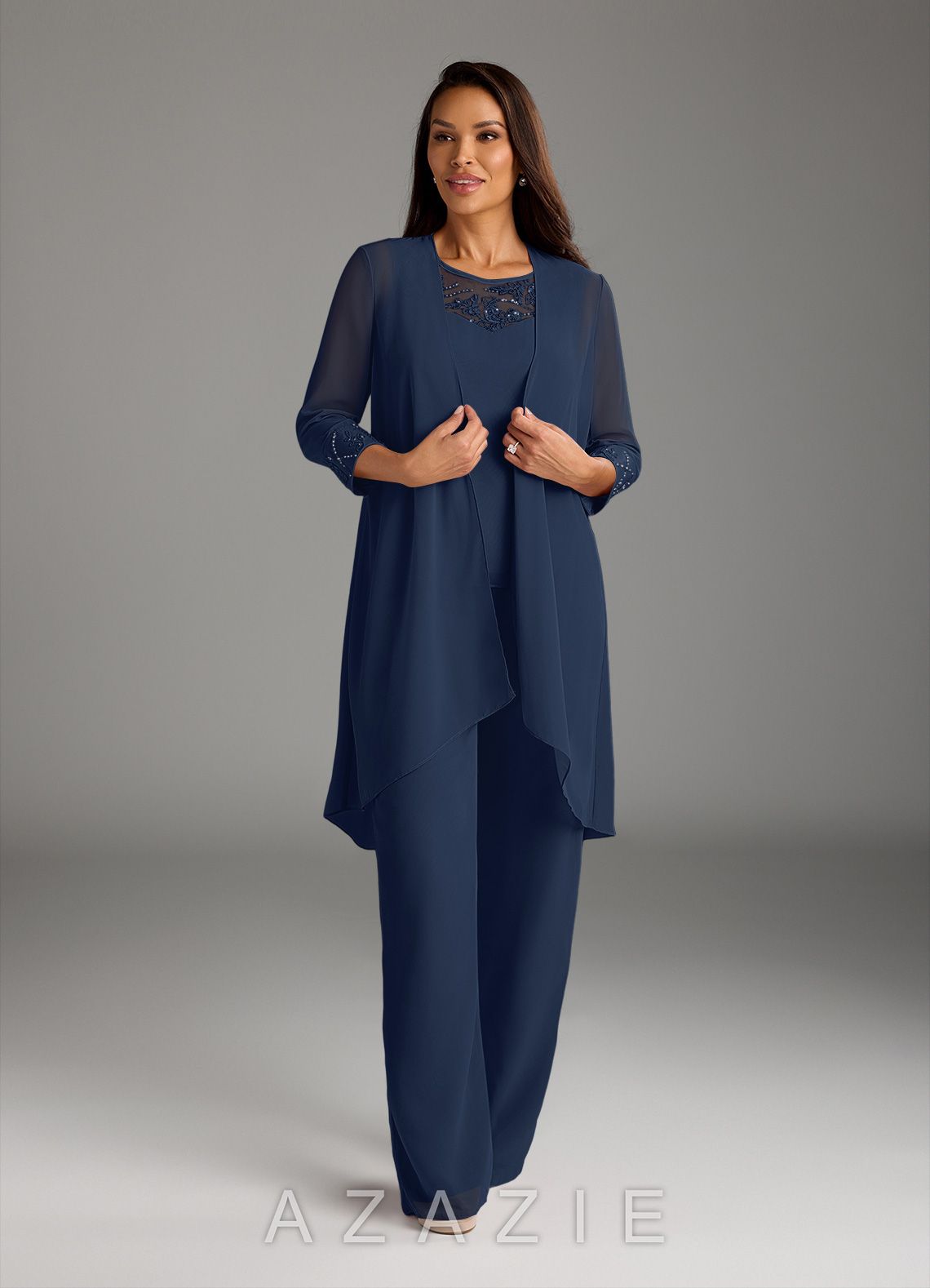 Azazie Maura Jumpsuit Dark Navy Jumpsuit/Pantsuit Sequins Chiffon Dress