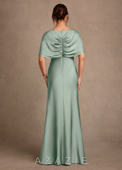 Azazie Dosia Agave Sheath Pleated Stretch Satin Dress agave