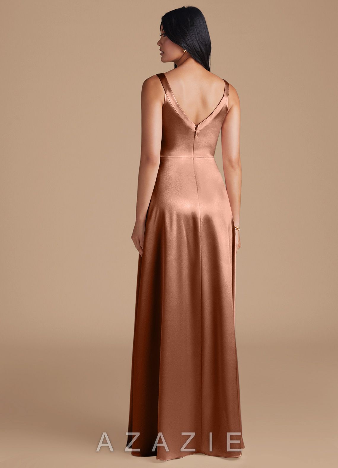 Azazie Hope Bronzer A-Line with Pockets Metallic Satin Dress bronzer