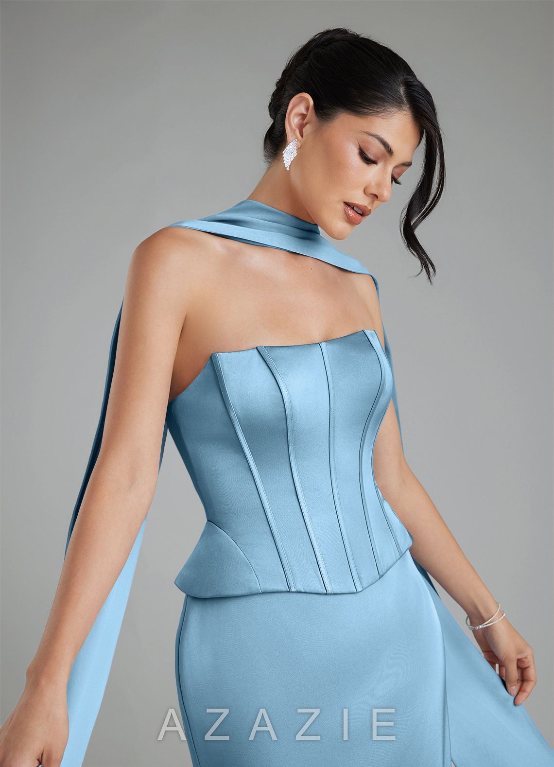 Azazie River Steel Blue Sheath Corset Stretch Satin Convertible Dress steel_blue