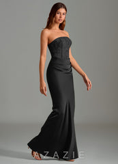 Azazie Emilia Black Mermaid Strapless Stretch Satin Dress black