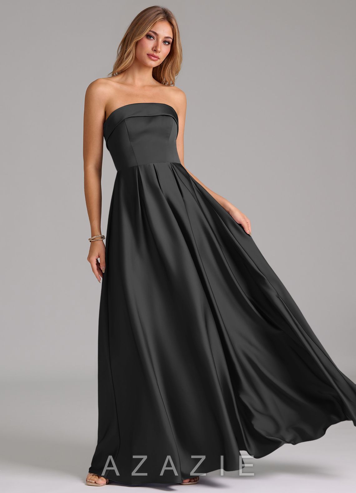 Azazie Lucienne Black A-Line Strapless Stretch Satin Convertible Dress black
