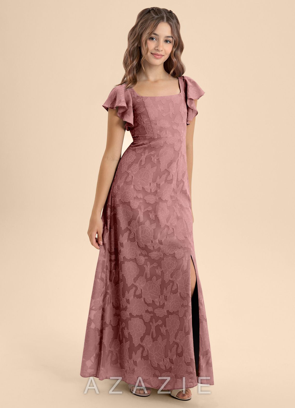 Azazie Bondi Junior Dusty Rose A-Line Bow Floral Burnout Dress dusty_rose
