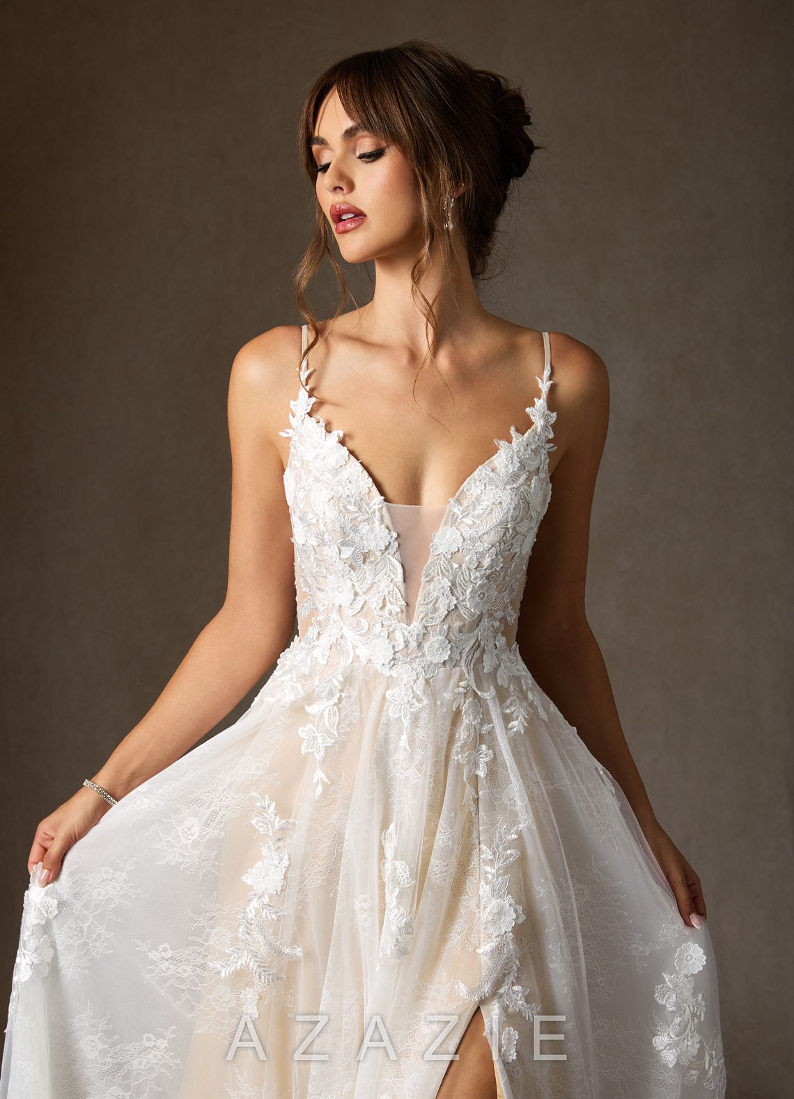 Azazie Monda Wedding Dress Diamond White Champagne A-Line Lace Tulle Dress