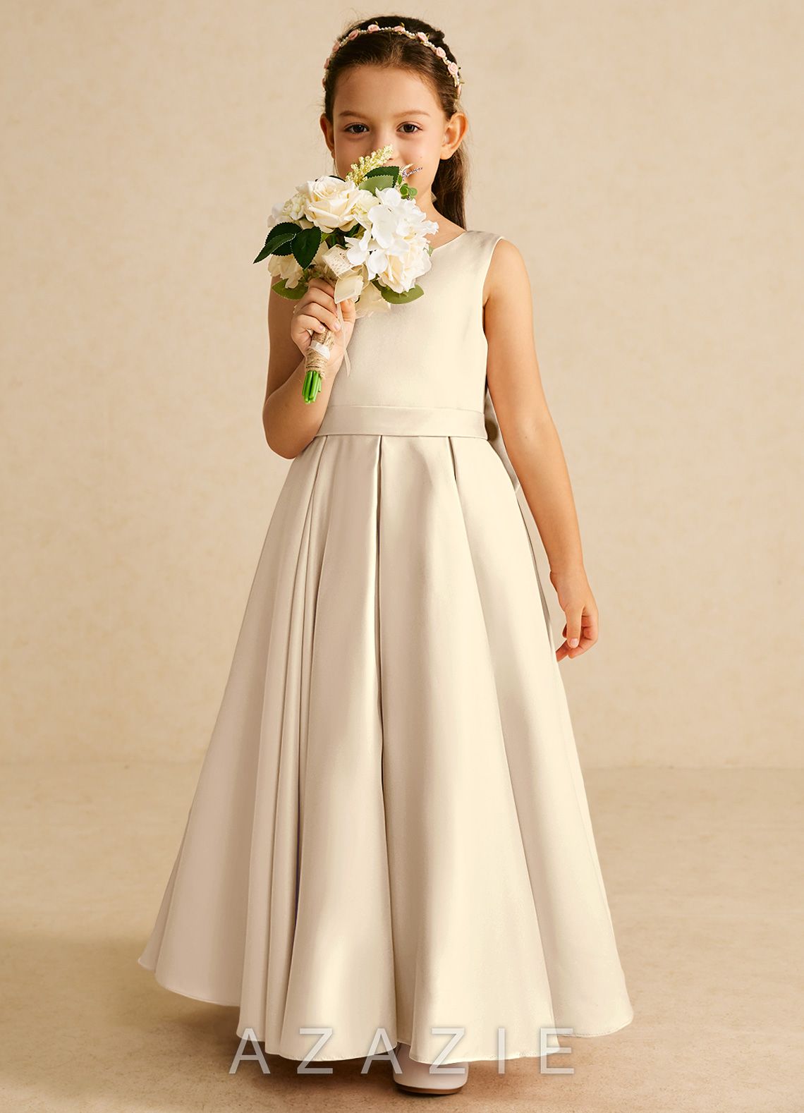 Azazie Pipsy Champagne A-Line Bow Matte Satin Dress champagne