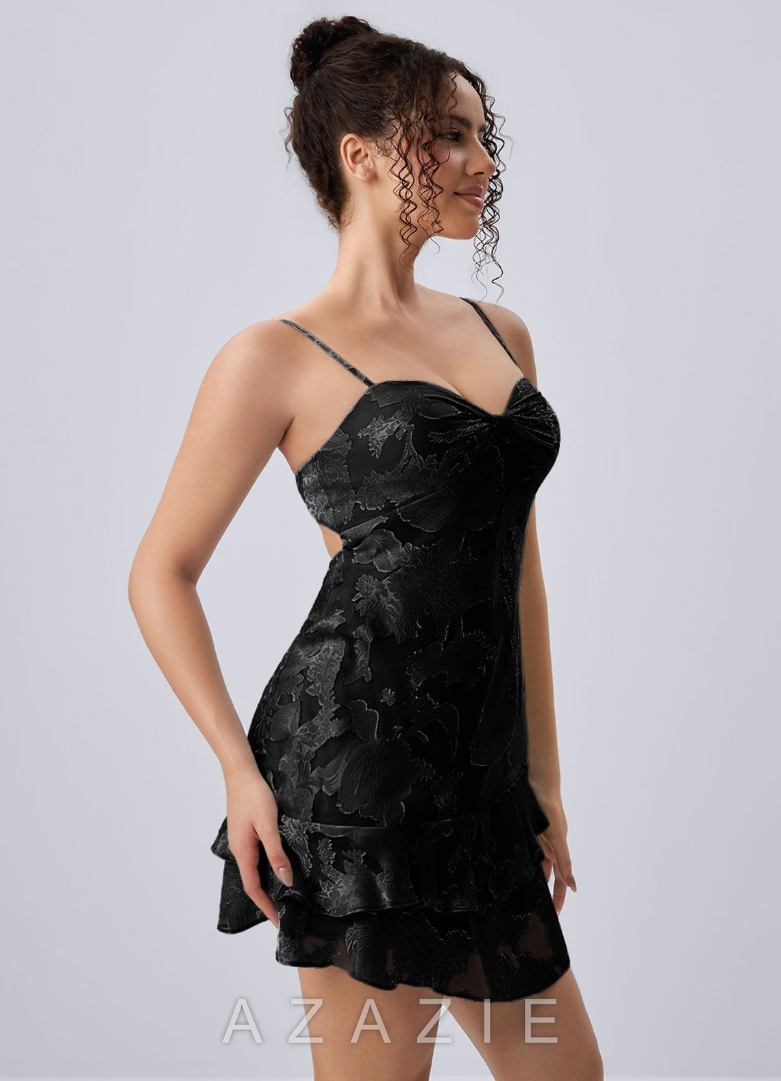Hortense Black Spaghetti Strap Floral Ruffle Open Back Mini Dress