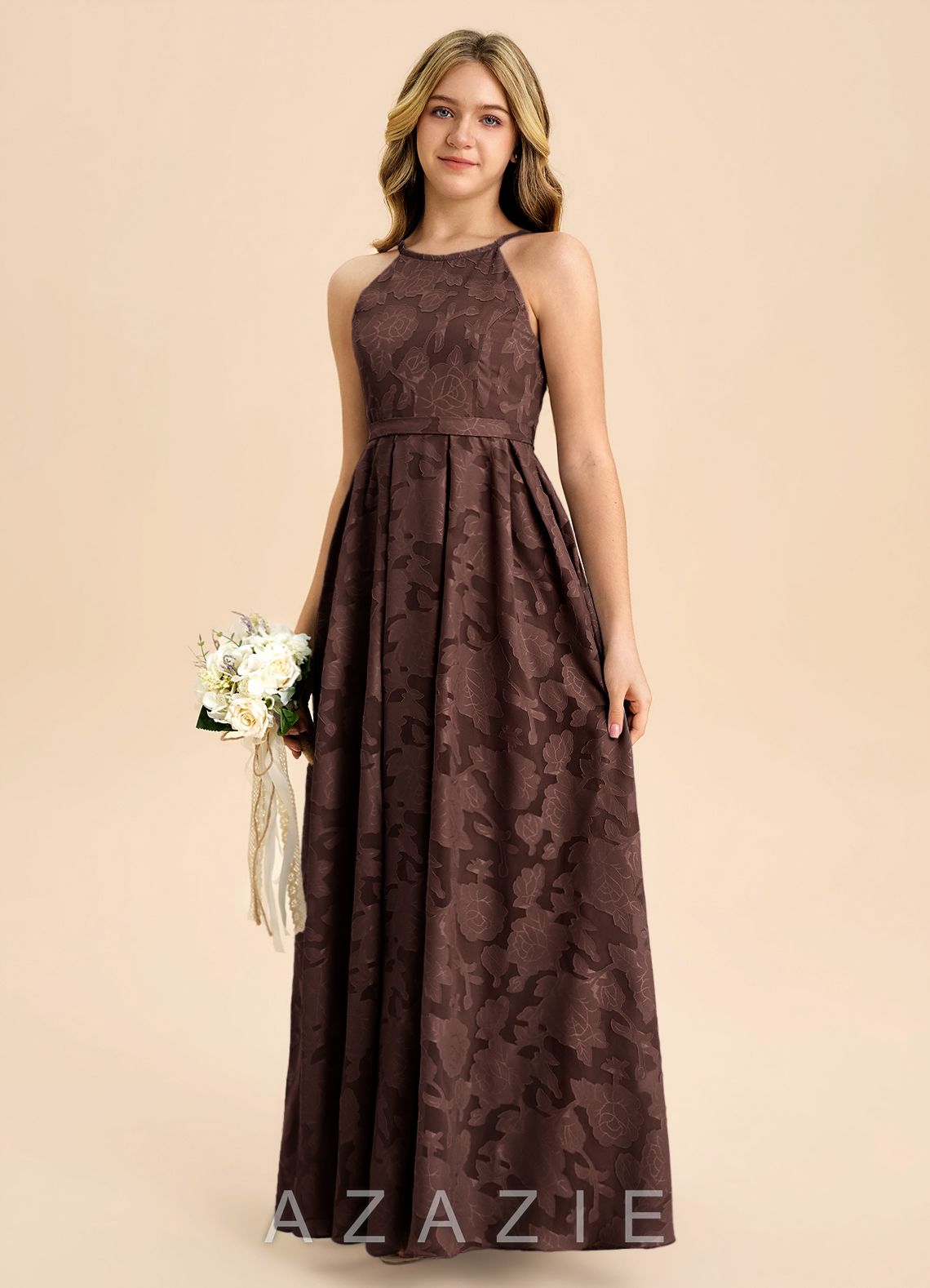 Azazie Arianthe Junior Ganache A-Line Pleated Floral Burnout Dress ganache