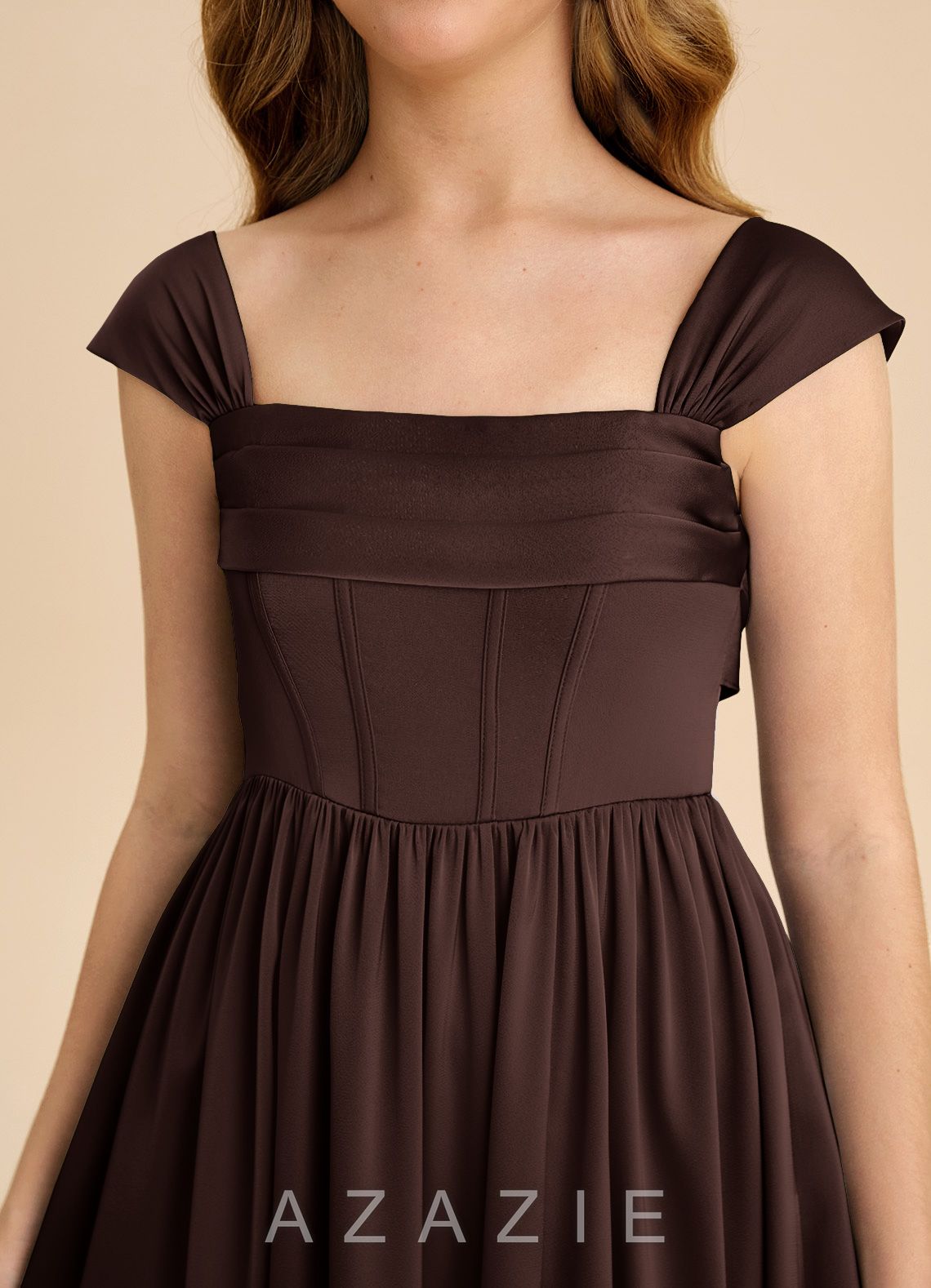 Azazie Hattie Junior Ganache A-Line Pleated Stretch Satin Dress ganache