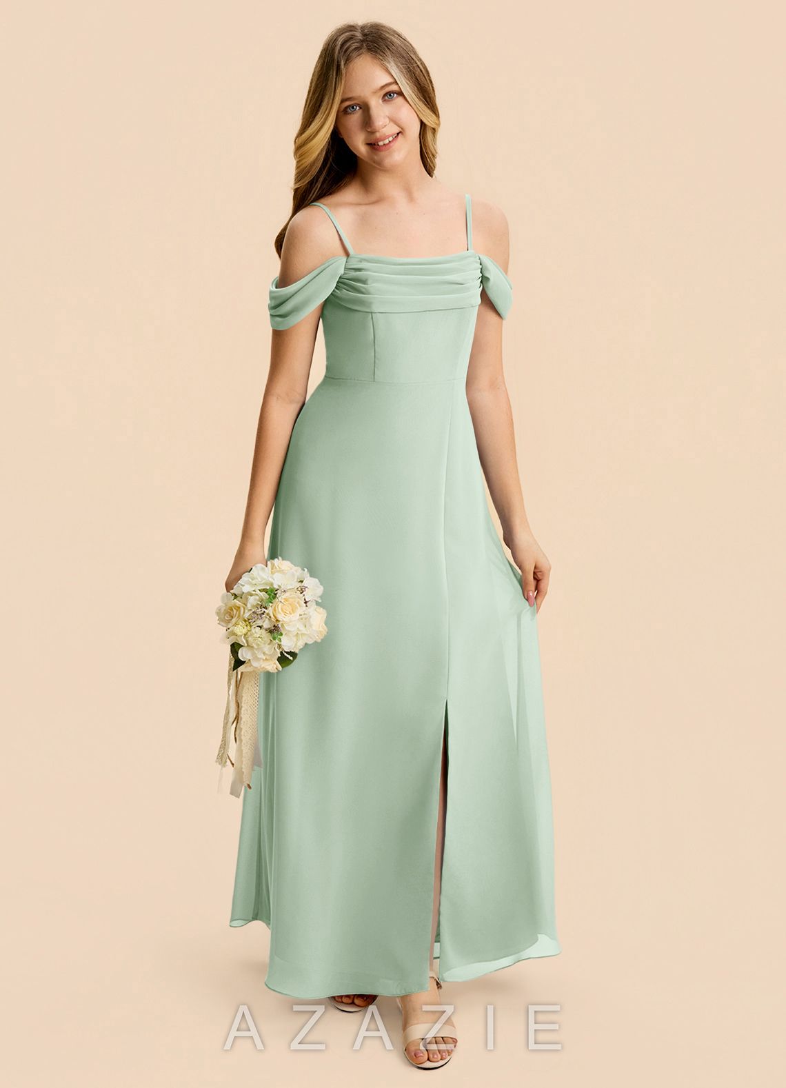 Azazie Lilly Junior Agave A-Line Pleated Chiffon Dress agave