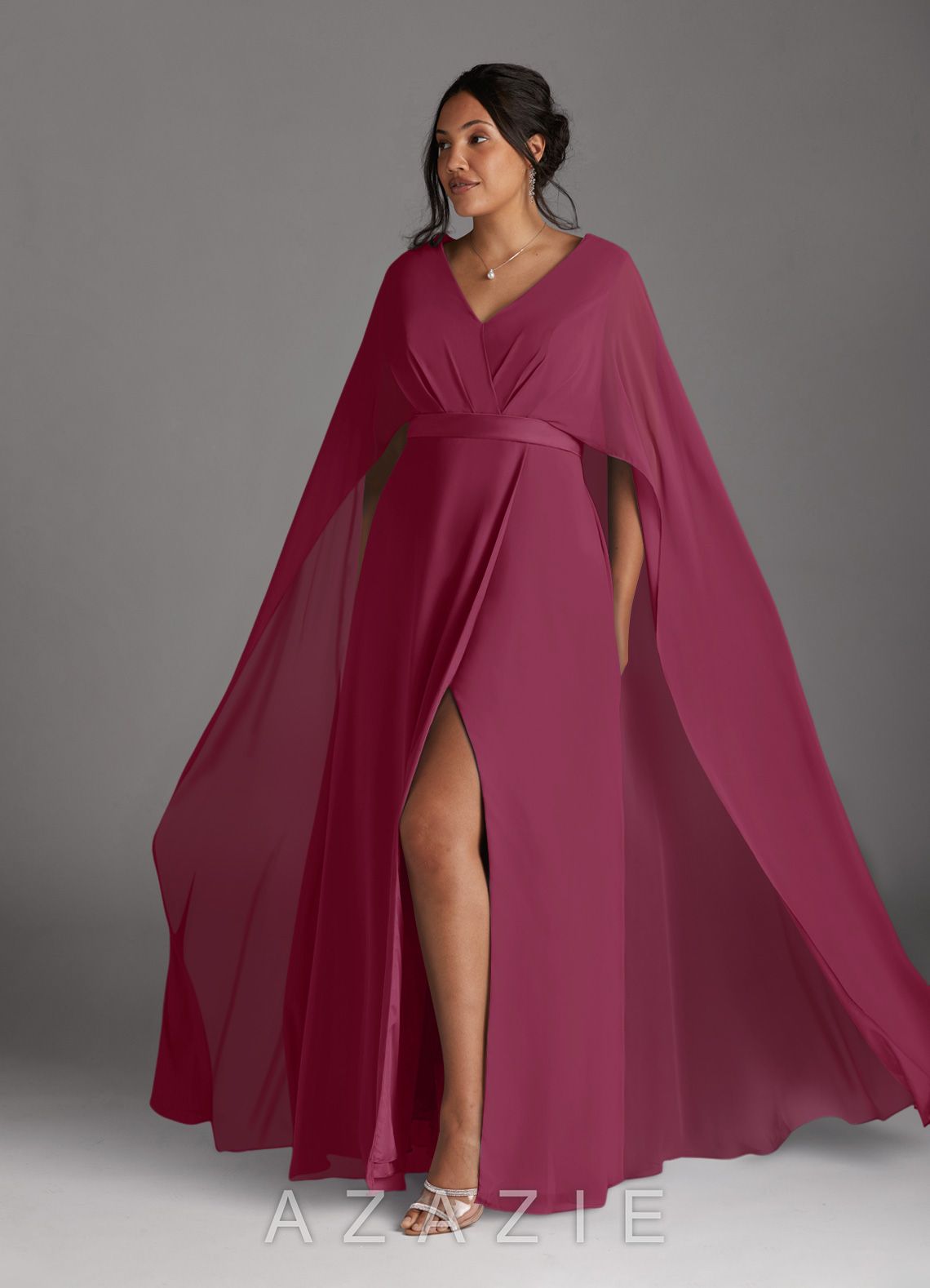 Azazie Isa Mulberry A-Line V-Neck Pleated Chiffon Dress mulberry