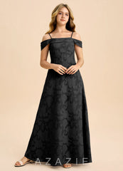 Azazie Anselie Junior Black A-Line Off the Shoulder Floral Burnout Dress black