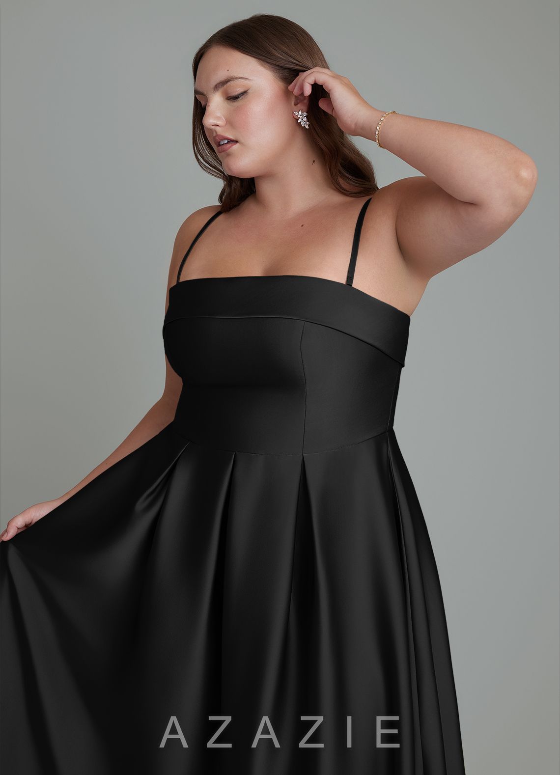 Azazie Lucienne Black A-Line Strapless Stretch Satin Convertible Dress black