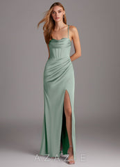 Azazie Brookelle Agave Sheath Sweetheart Corset Stretch Satin Dress