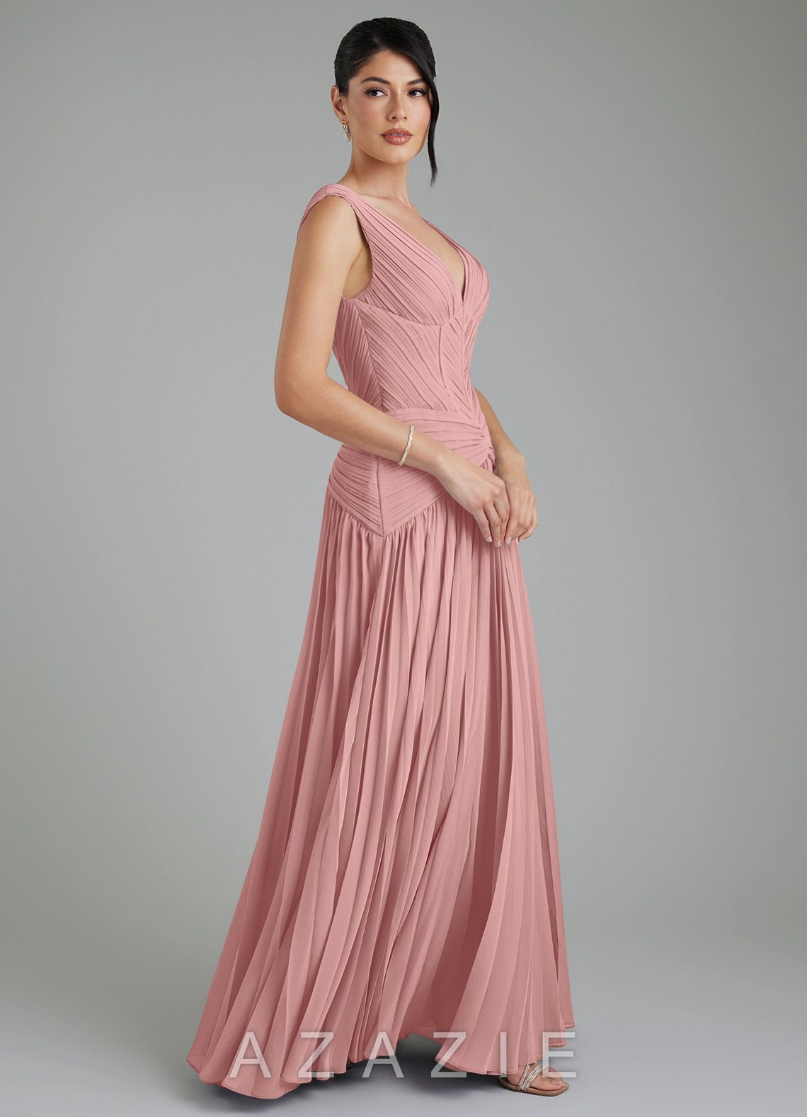 Azazie Kima Dusty Rose A-Line Pleated Chiffon Dress dusty_rose