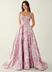 Allegra Pink Floral Jacquard A-line Prom Dress