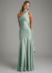 Azazie Amara Agave Mermaid One Shoulder Stretch Satin Dress agave