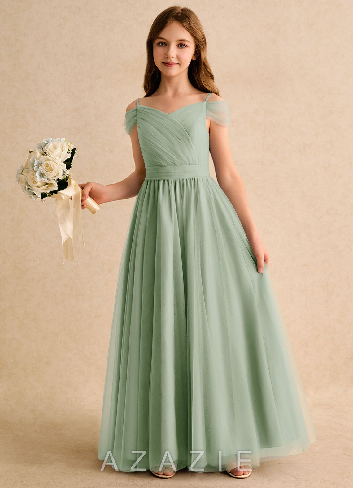 Azazie Yuna Girls Formal Dusty Sage A-Line Off the Shoulder Tulle Dress dusty_sage