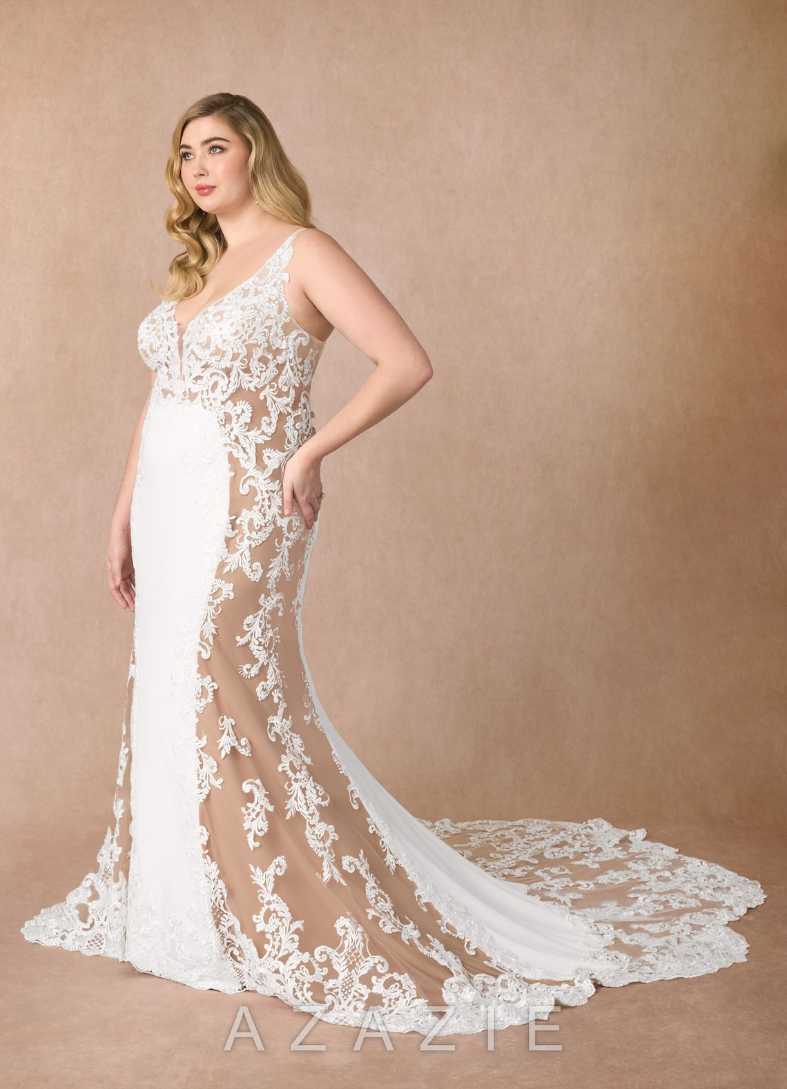 Azazie Estephanie Wedding Dress Diamond White Nude Mermaid Sequins Stretch Crepe Dress diamond_white/nude