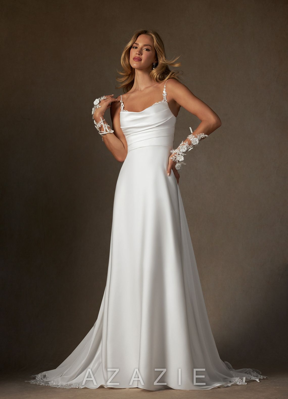 Azazie Sable Wedding Dress Diamond White A-Line Lace Stretch Satin Dress diamond_white
