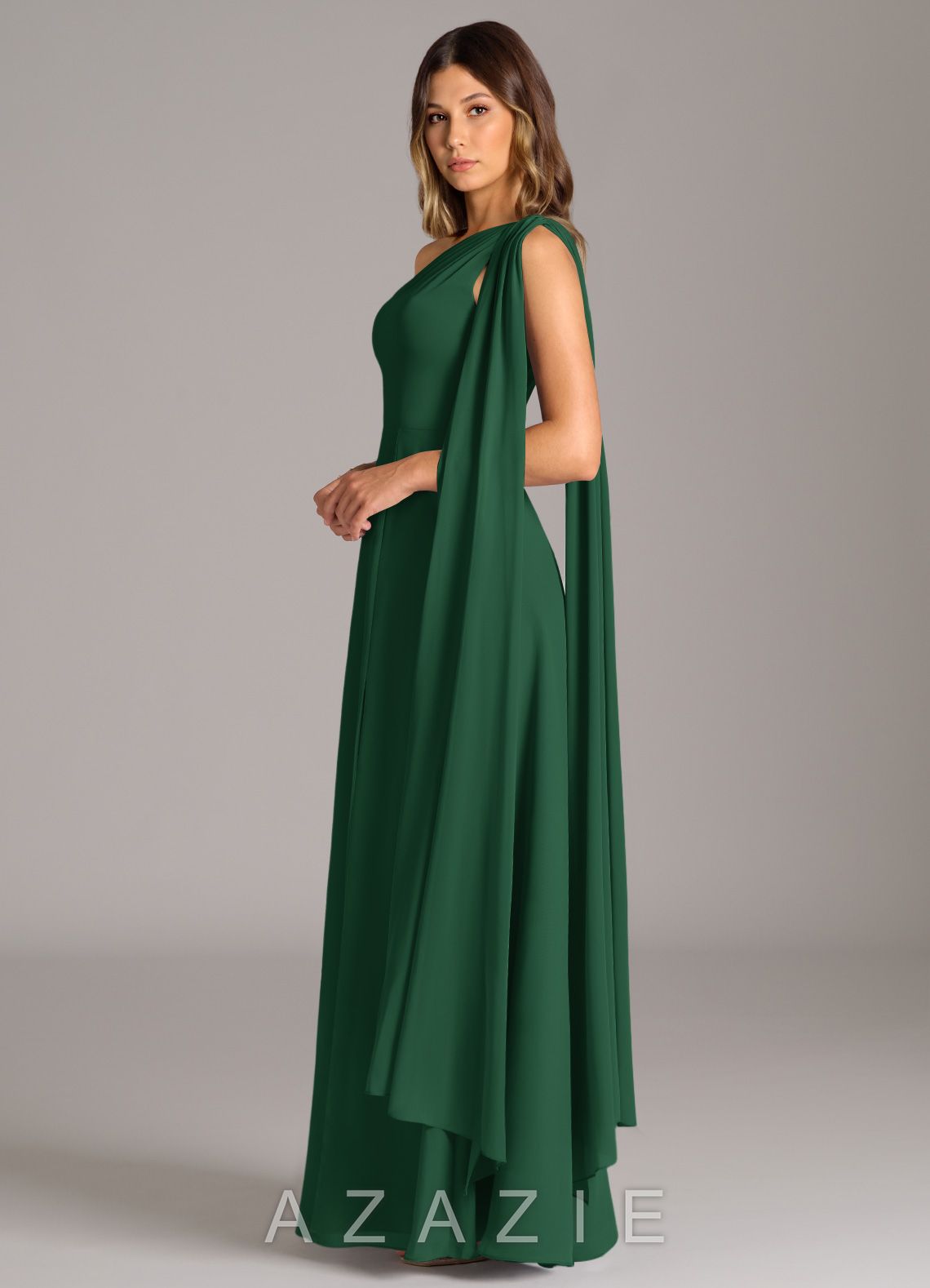 Azazie Tella Dark Green A-Line One Shoulder Chiffon Dress dark_green