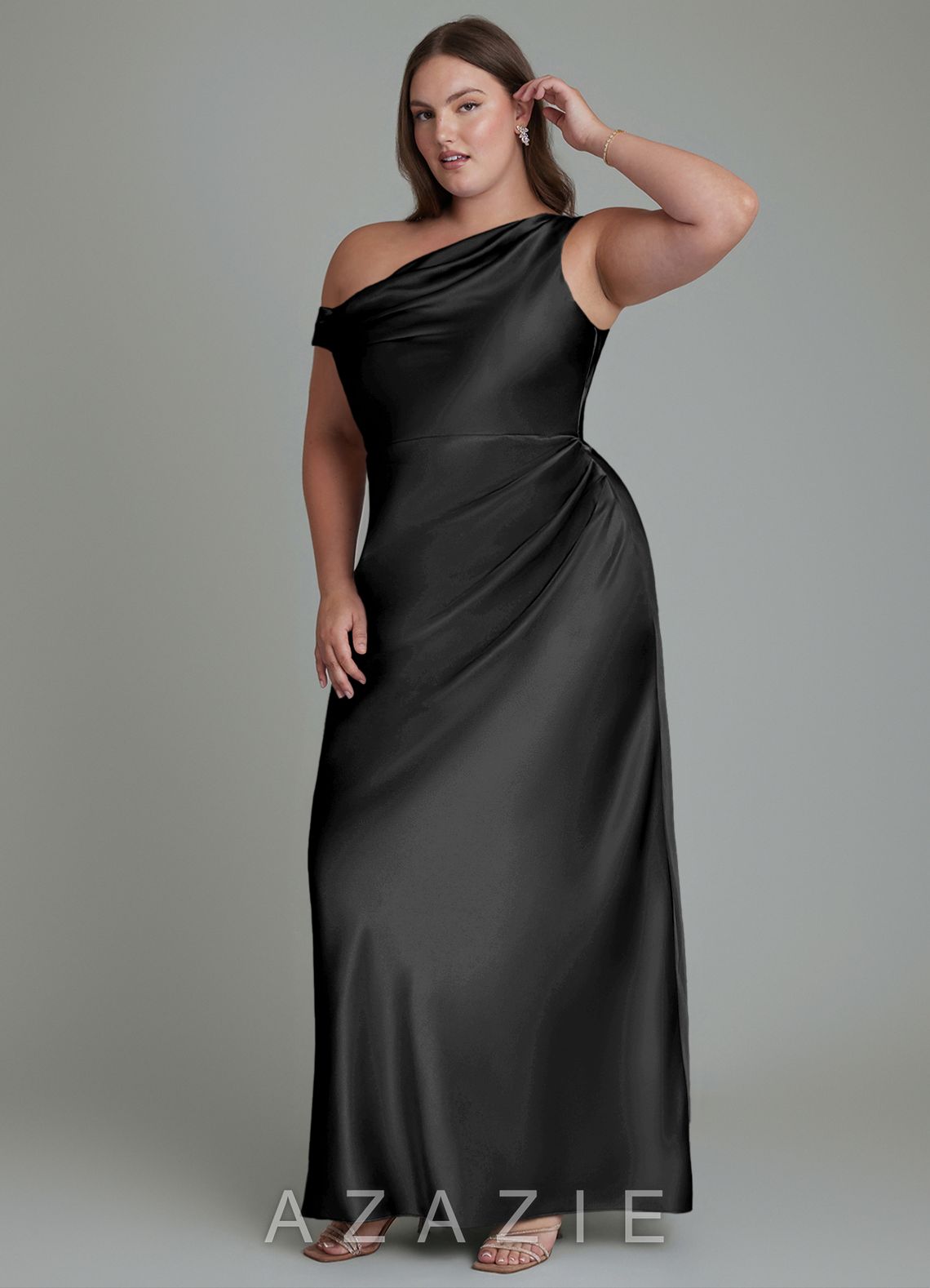 Azazie Emerson Black Mermaid Off the Shoulder Metallic Satin Dress black
