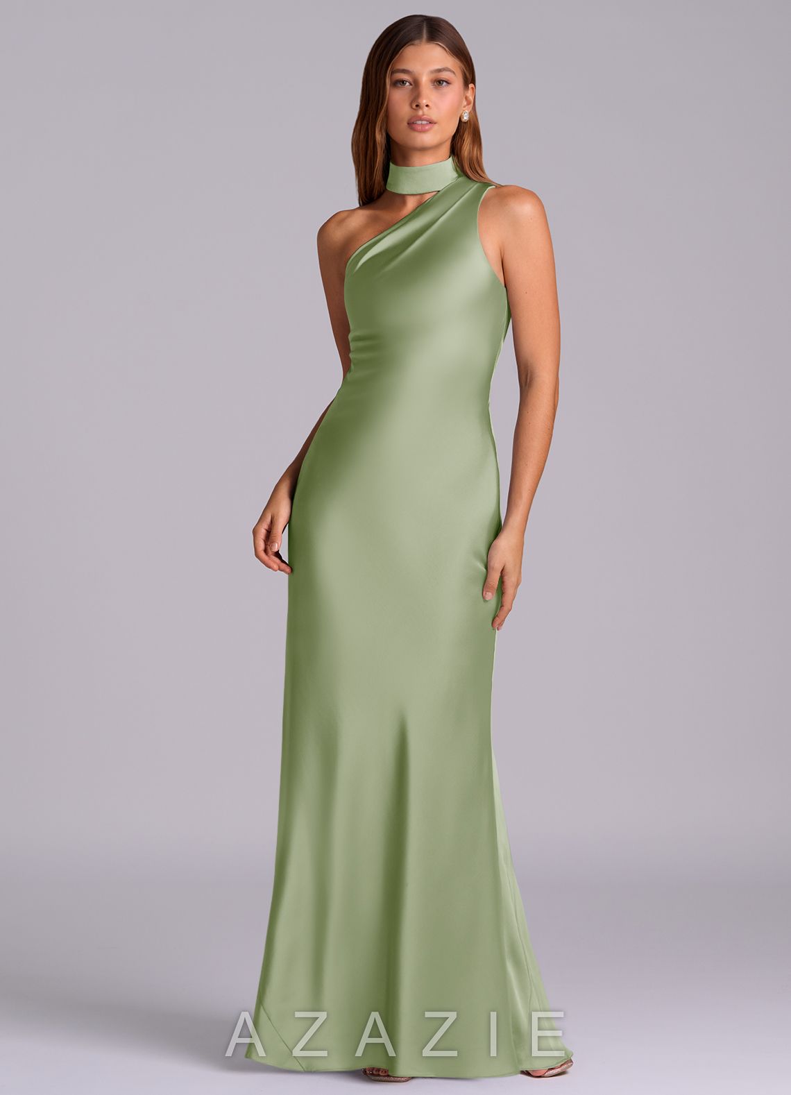 Azazie Seona Dusty Sage Mermaid One Shoulder Stretch Satin Dress