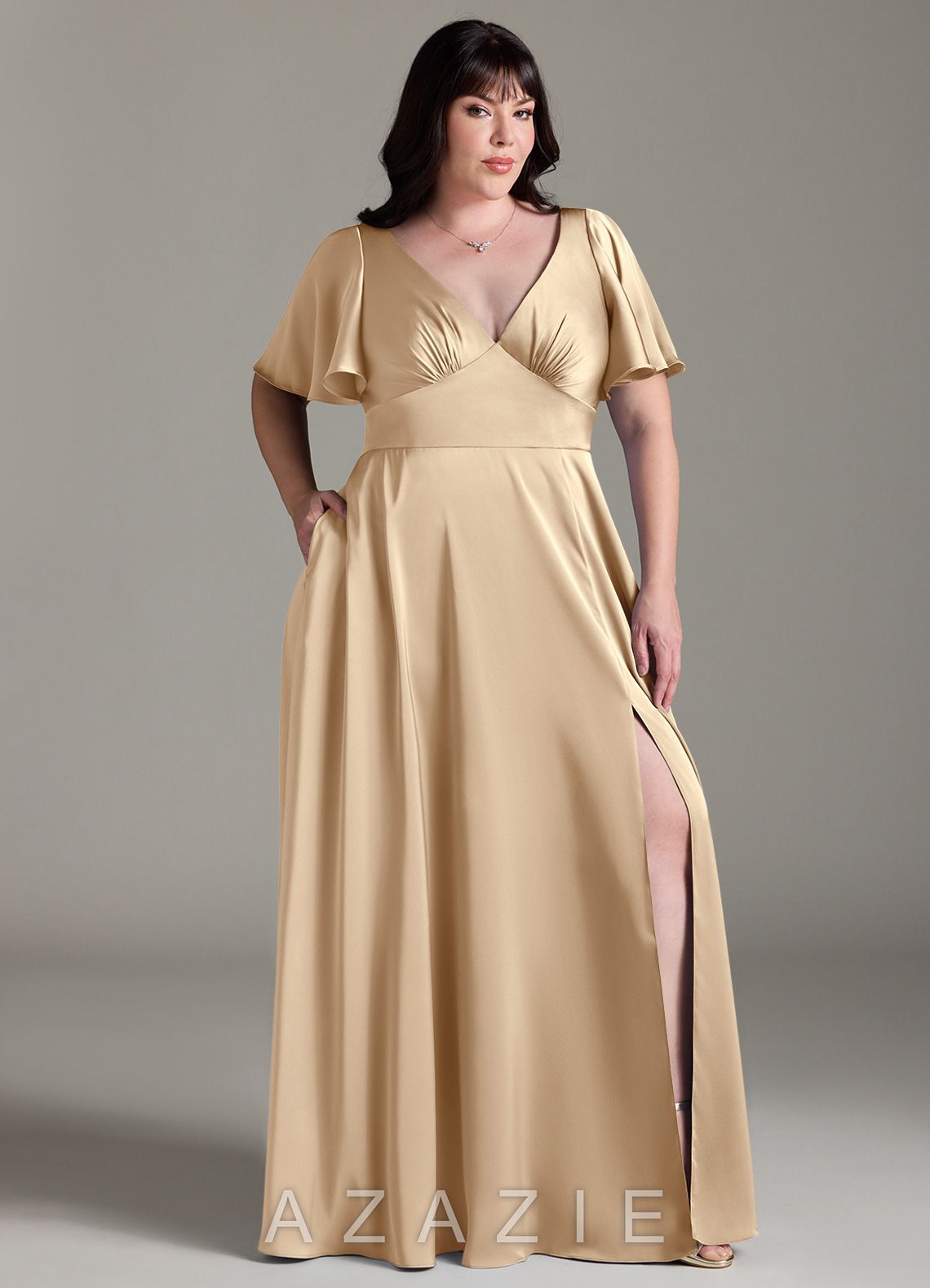 Azazie Kimber Champagne A-Line Ruched Stretch Satin Dress champagne