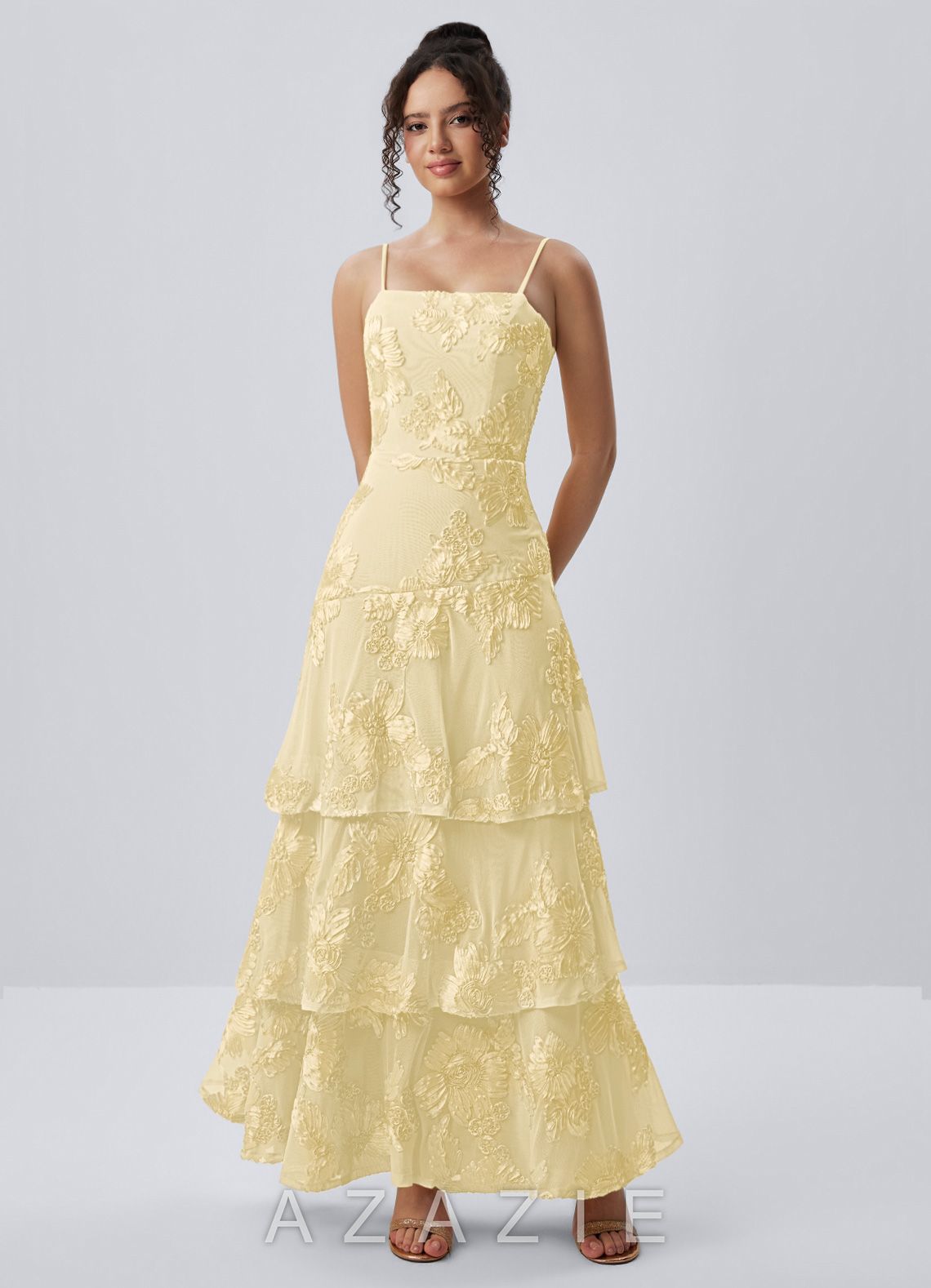 Araceli Lemon Sorbet Stretch 3D Flowers Lace Maxi Dress