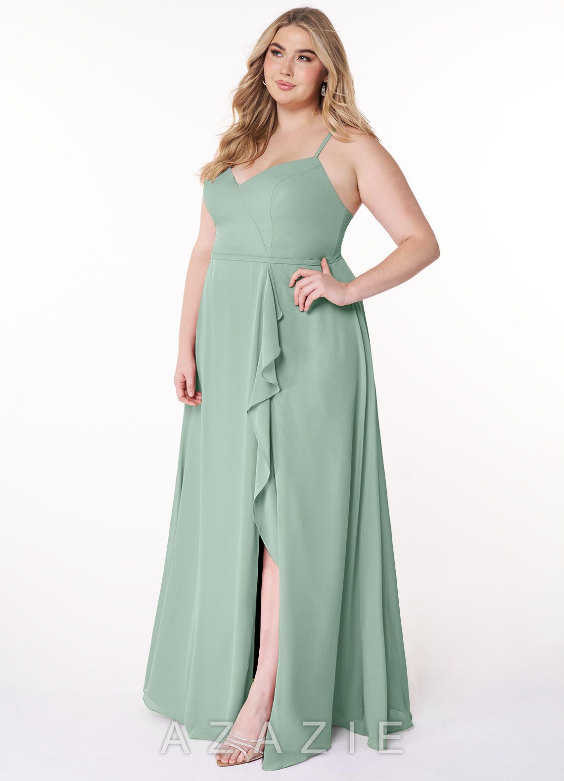 Azazie Naeem Agave A-Line V-Neck Ruffle Chiffon Dress agave