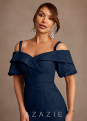 Azazie Golda Dark Navy Sheath Off the Shoulder Floral Burnout Dress dark_navy