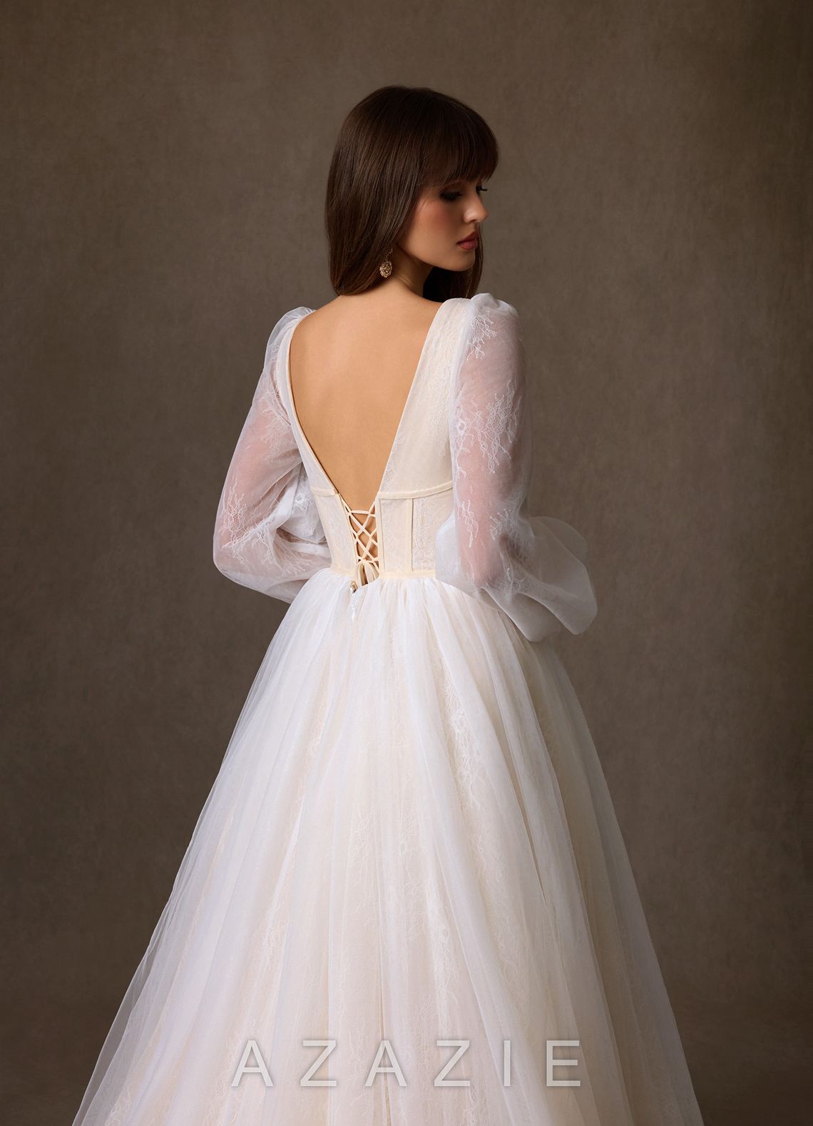 Azazie Cressida Wedding Dress Diamond White Champagne Ball-Gown Lace Tulle Dress diamond_white/champagne