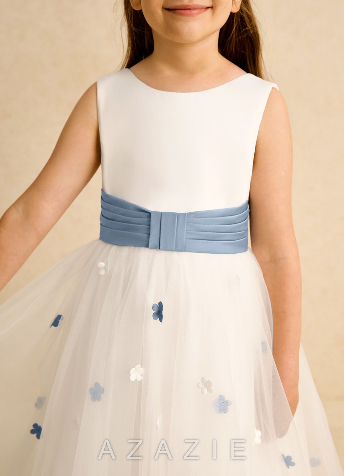Azazie Cricket Ivory Dusty Blue Ball-Gown Pleated Matte Satin Dress ivory/dusty_blue