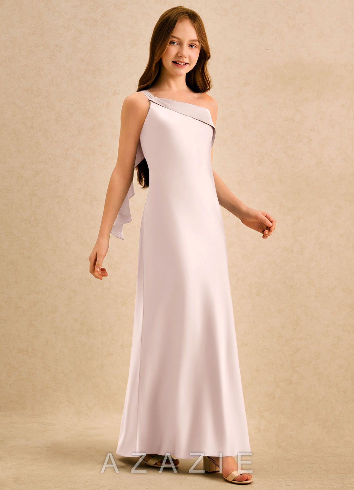 Azazie Almond Girls Formal Blushing Pink Sheath One Shoulder Stretch Satin Dress blushing_pink