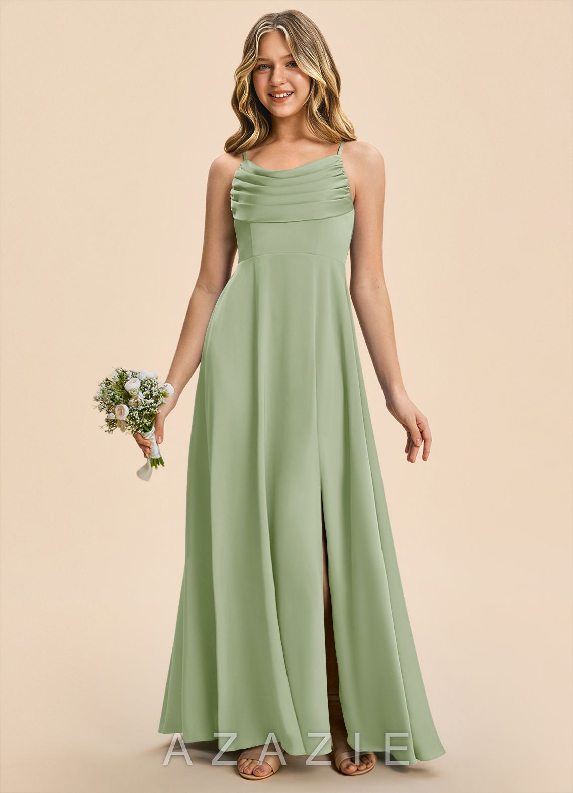 Azazie Gia Junior Dusty Sage A-Line Pleated Stretch Satin Dress dusty_sage