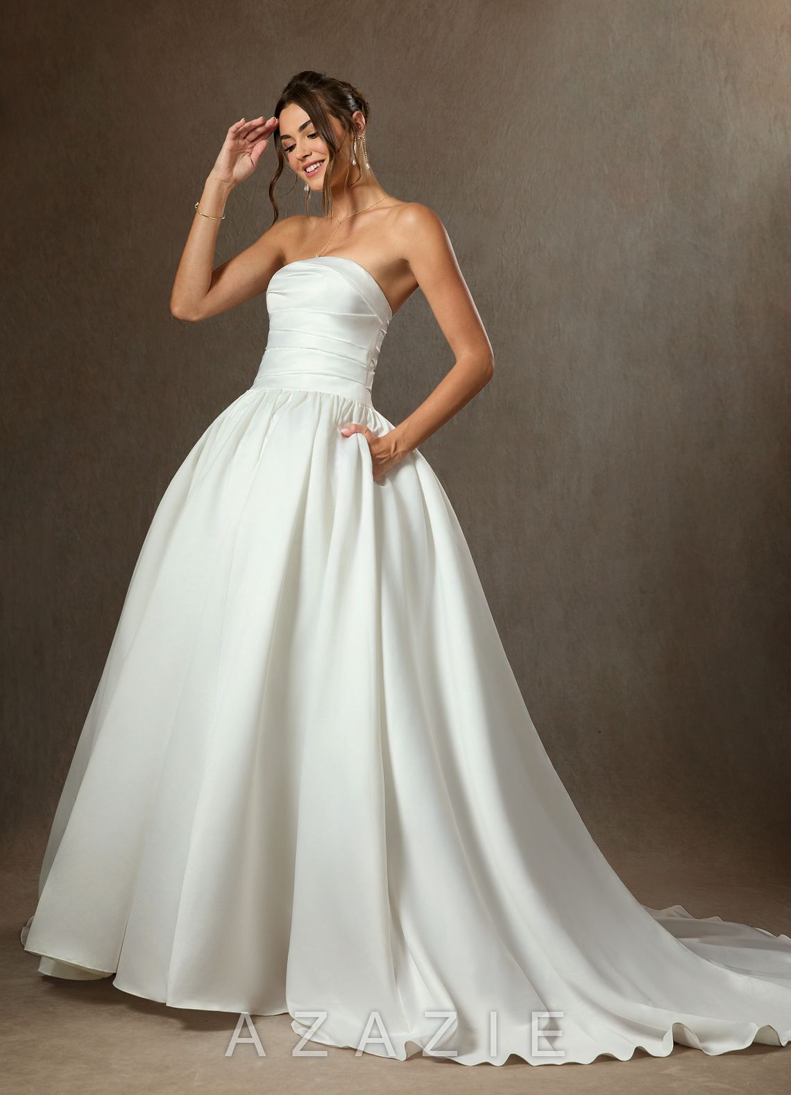 Azazie Lucinda Diamond White Ball-Gown Strapless Matte Satin Dress diamond_white
