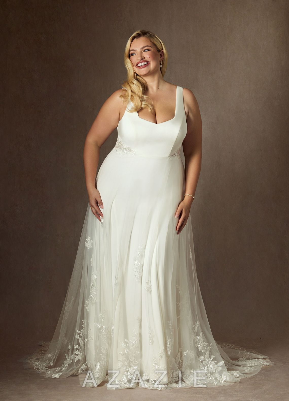 Azazie Ebony Wedding Dress Cream A-Line Sequins Crepe Back Satin Dress cream