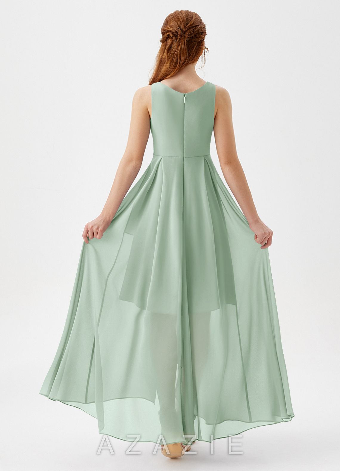 Azazie Lizette Junior Agave A-Line Pleated Chiffon Dress agave