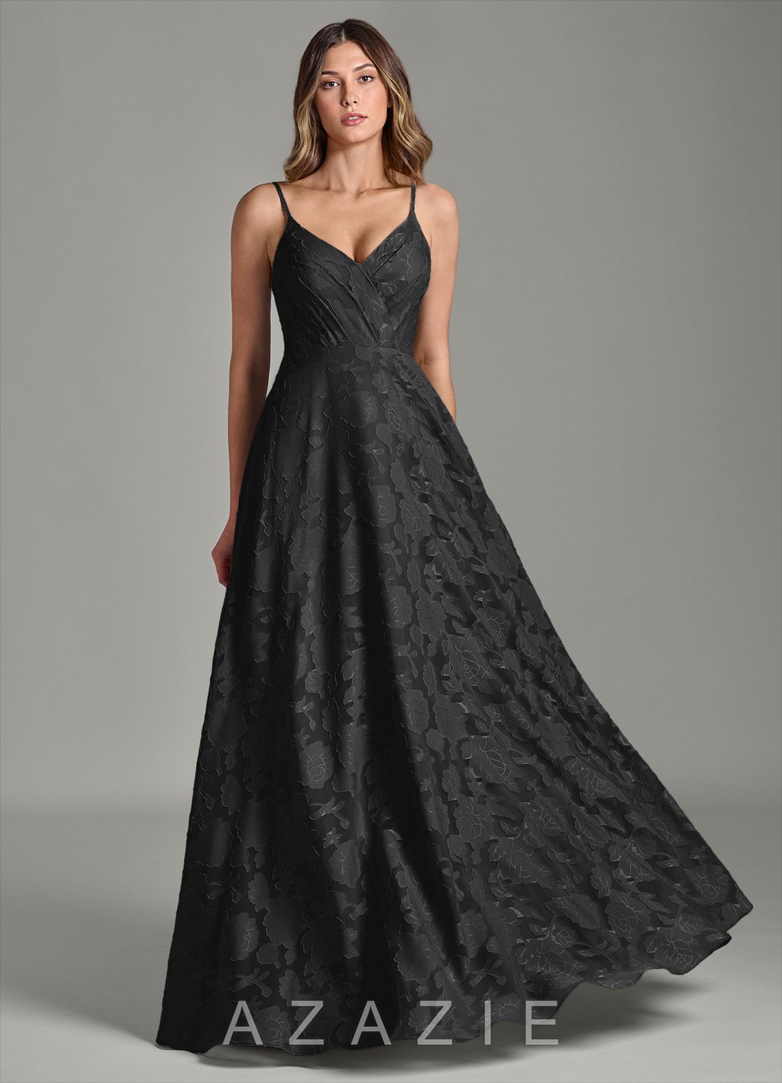 Azazie Amani Black A-Line Pleated Floral Burnout Dress black