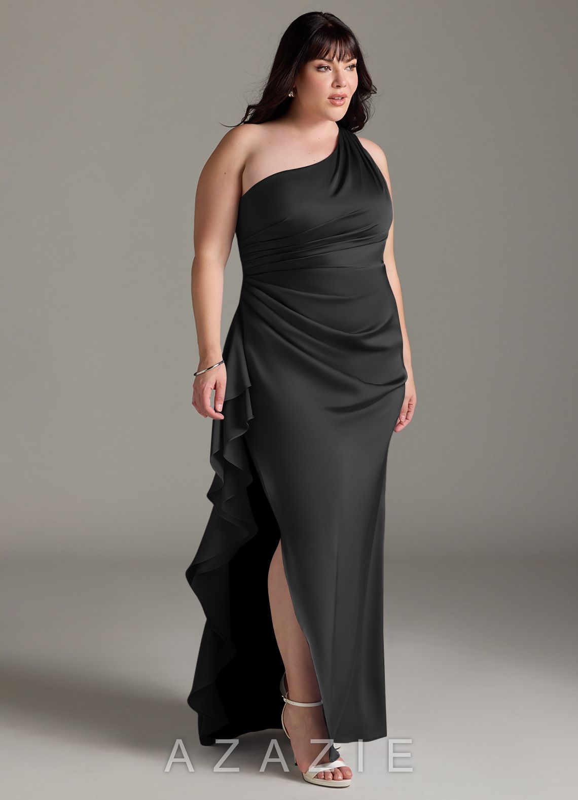 Azazie Latrice Black Sheath One Shoulder Cascading Ruffles Stretch Satin Dress black