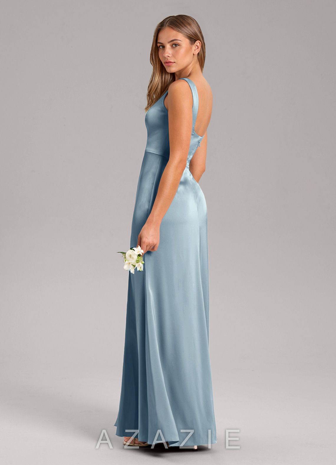 Azazie Frostine Dusty Blue A-Line Bow Stretch Satin Dress dusty_blue