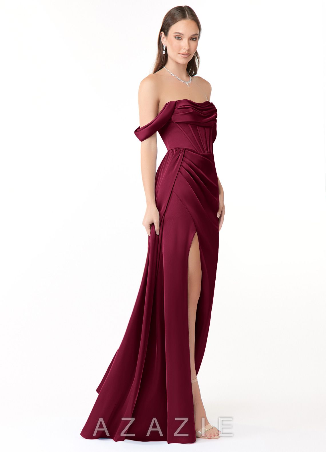 Azazie Amyra Burgundy Mermaid Off the Shoulder Stretch Satin Convertible Dress burgundy